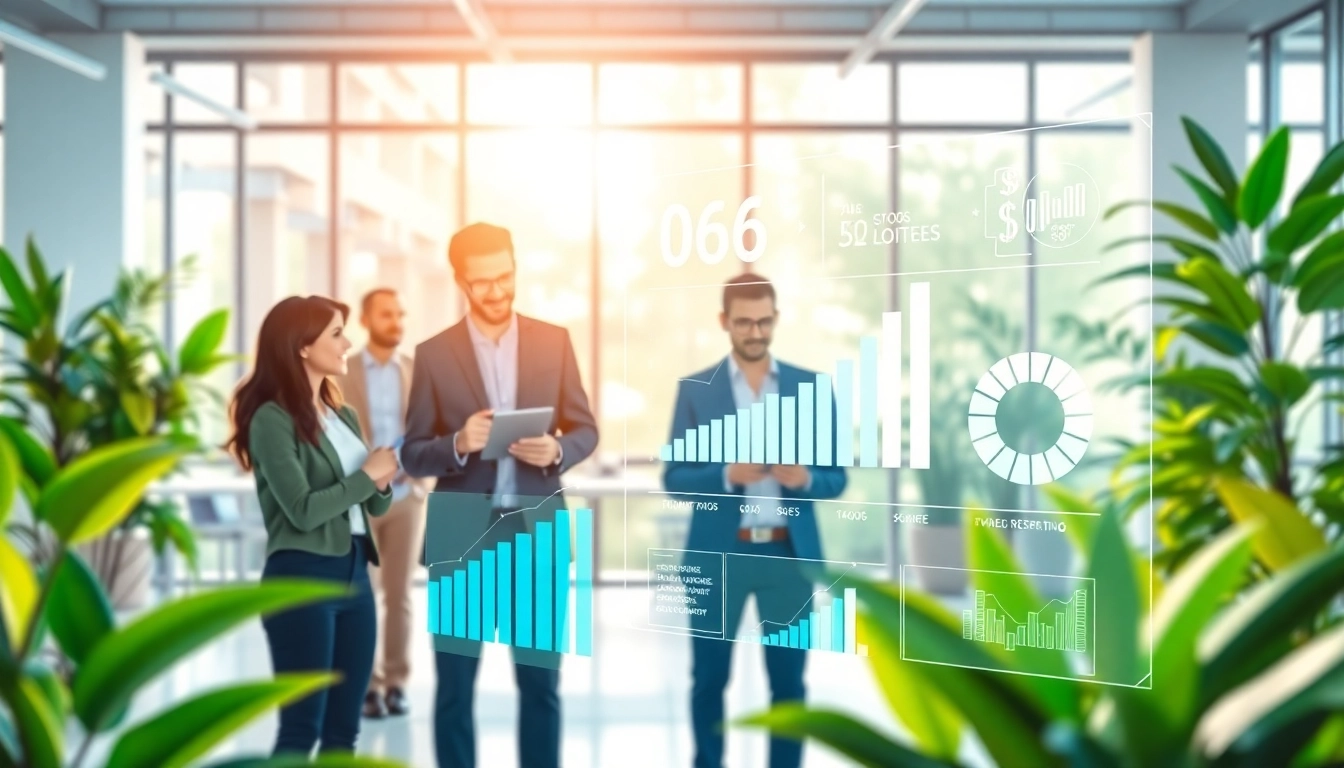 Visual representation of business trends with diverse teamwork and technology integration.