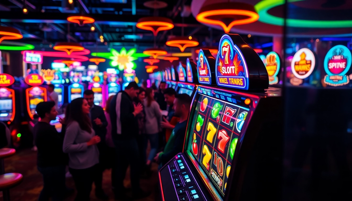 Engaged players interacting with a pgslot machine in a vibrant casino setting.