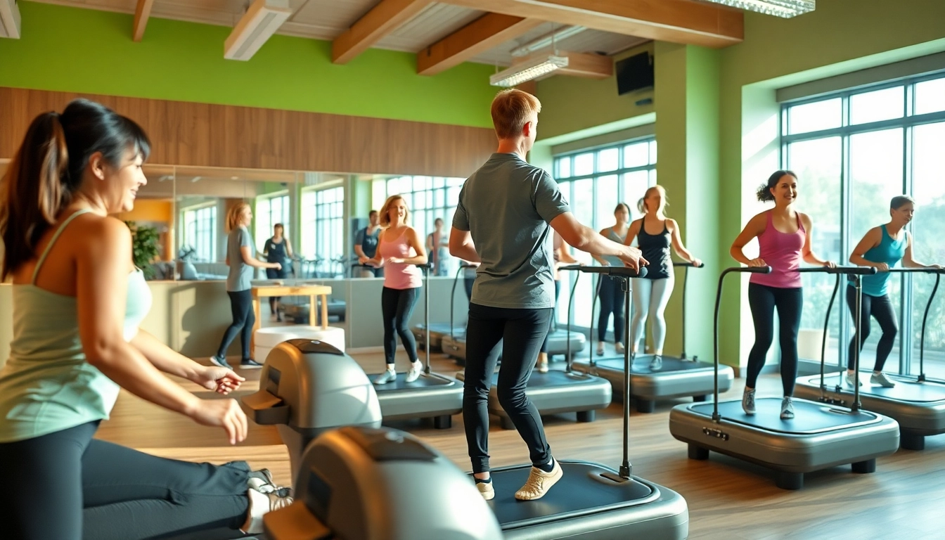 Clients participating in whole body vibration therapy, showcasing engagement and wellness in a vibrant gym environment.
