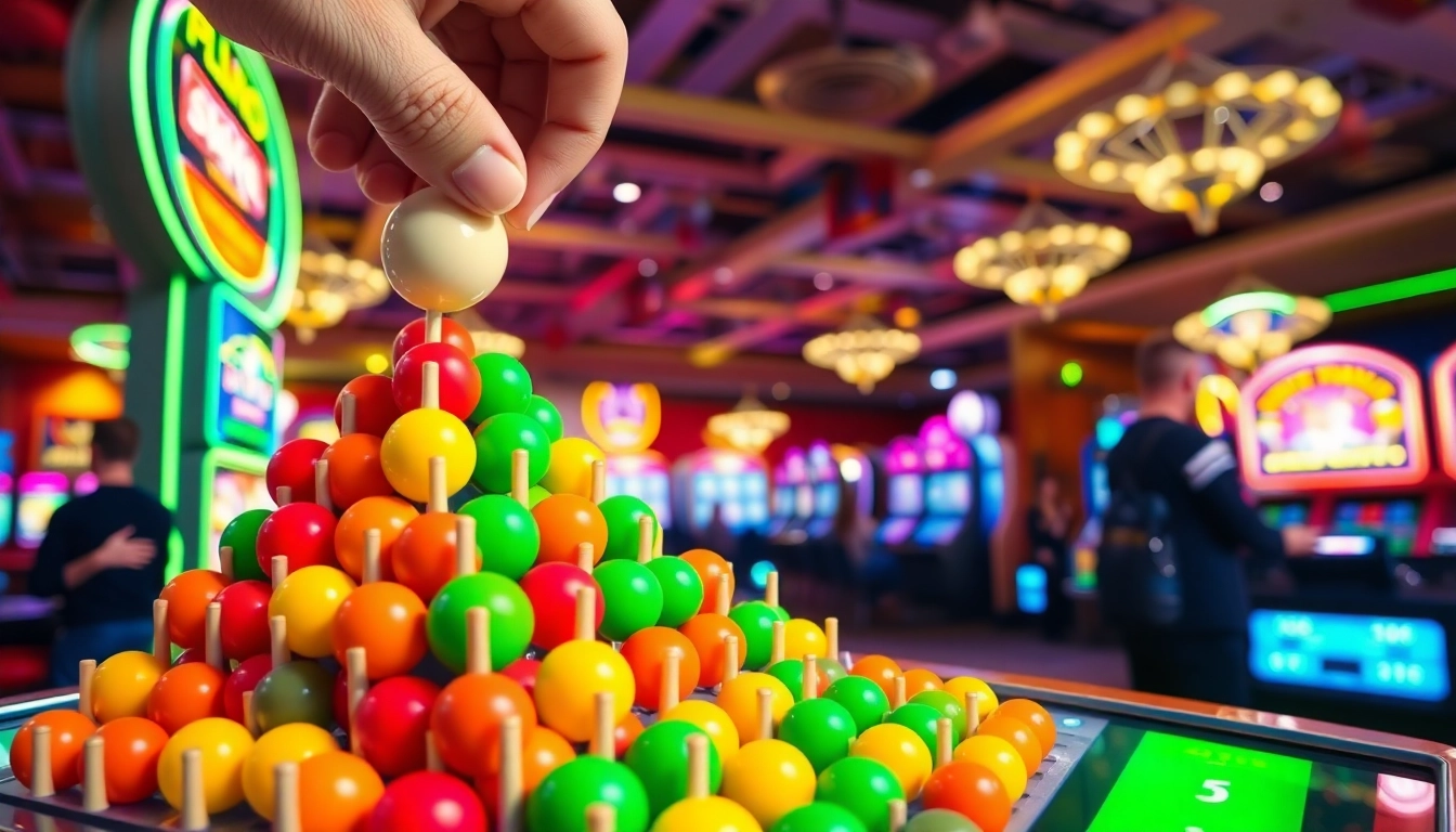 Играть в plinko с яркими цветными шарами, падающими на пирамиду колышков.