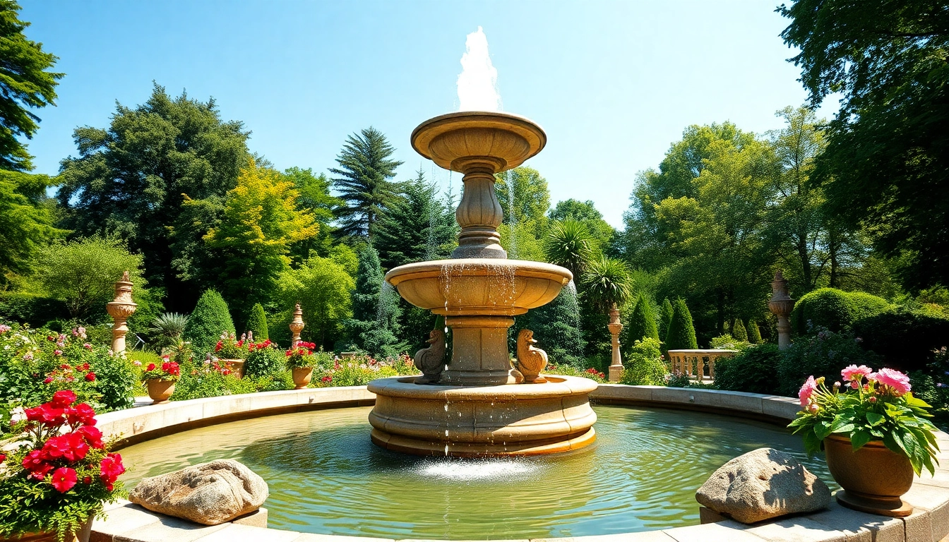 Gartenbrunnen in einem blühenden Garten mit Wasserlauf zur Entspannung