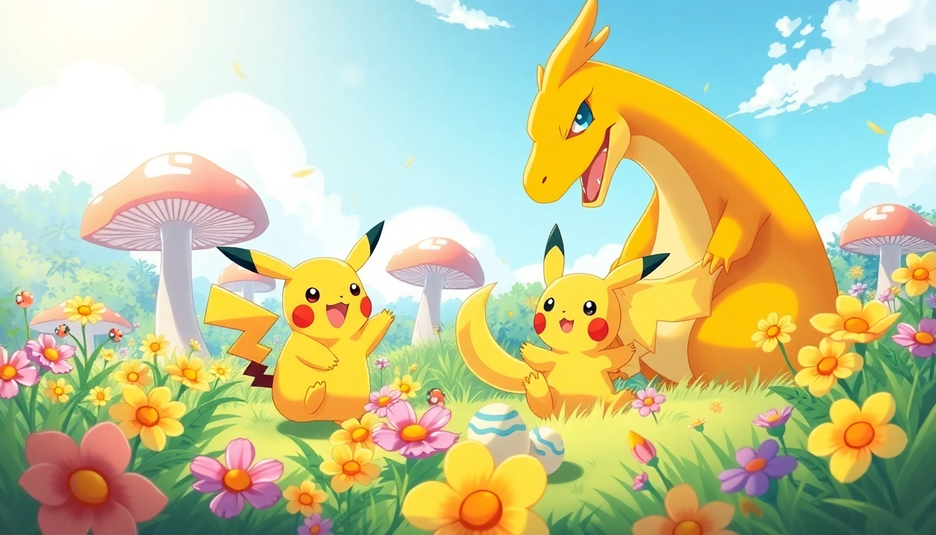 Pikachu and Charizard from Pokémon interacting joyfully in a vibrant, magical landscape.