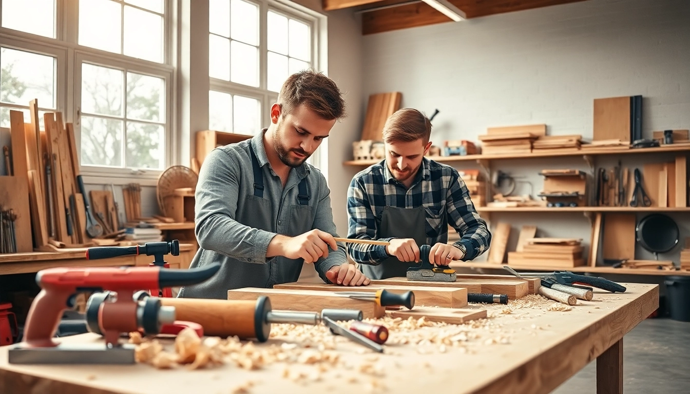 Engaged apprentices practicing carpentry apprenticeship near me in a modern workshop.