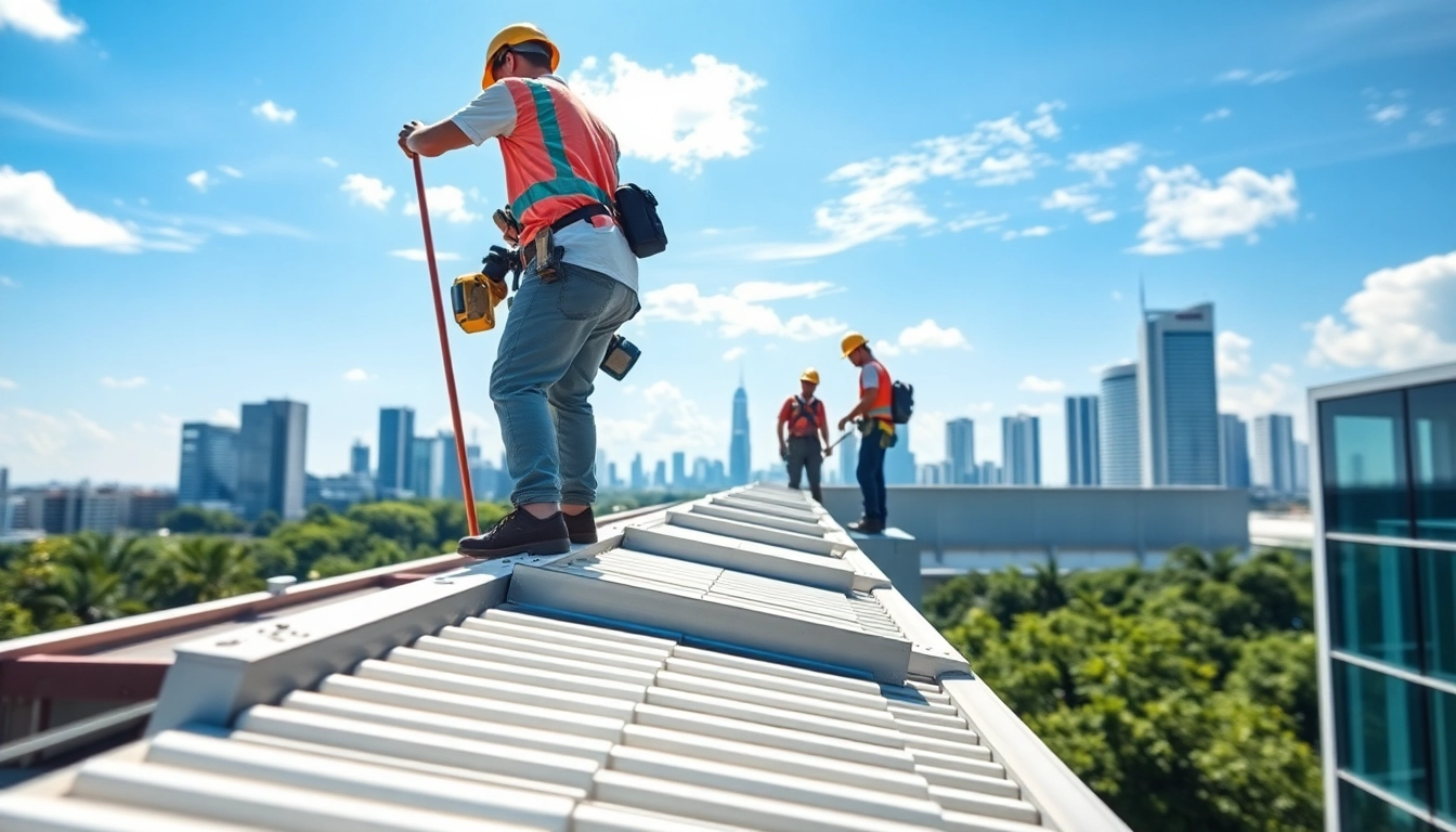 Gutter Singapore installation showcasing expert workers and modern urban setting.