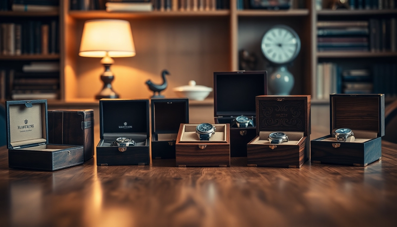 Crafted watch boxes showcasing intricate designs and luxurious textures in soft lighting.