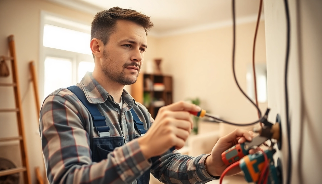 Electrician installing wiring in a bright living room, demonstrating professionalism and expertise.