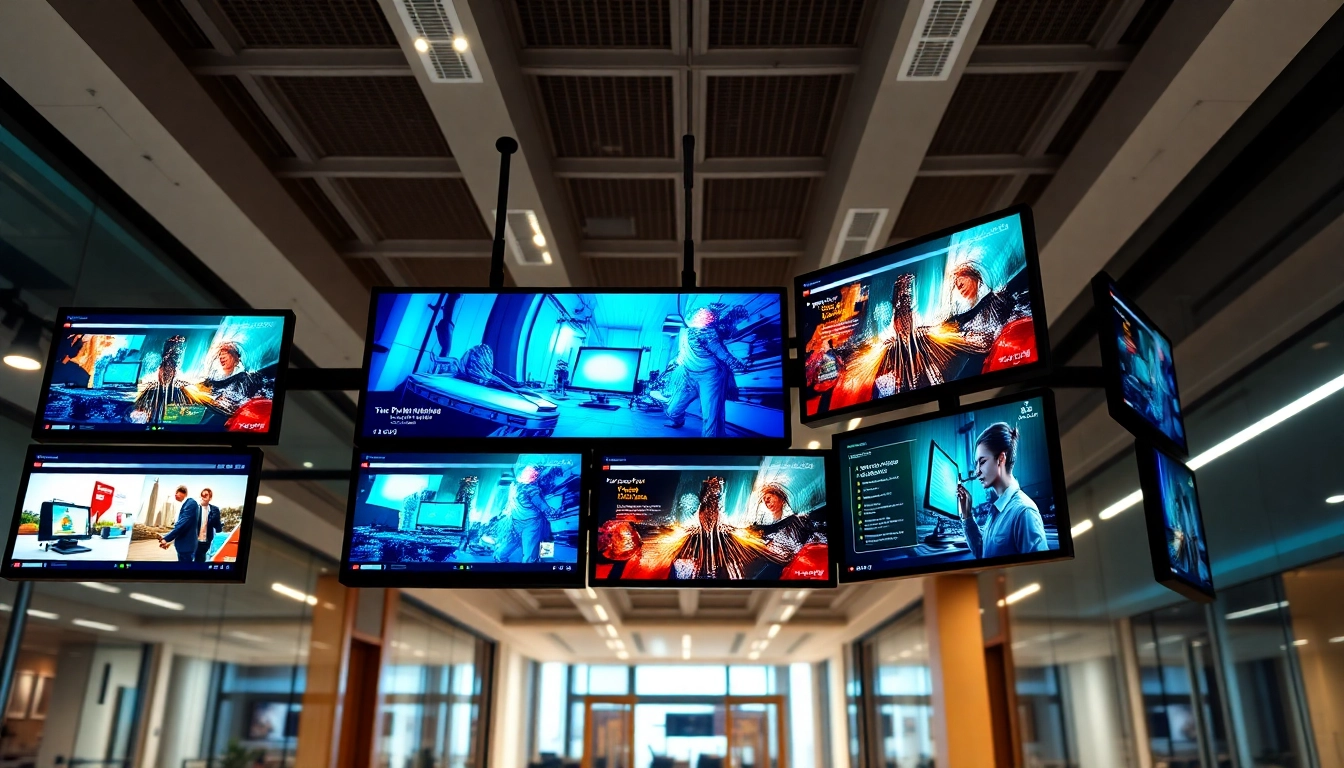 Showcasing Multi-screen digital signage management with multiple screens in a professional office setup.