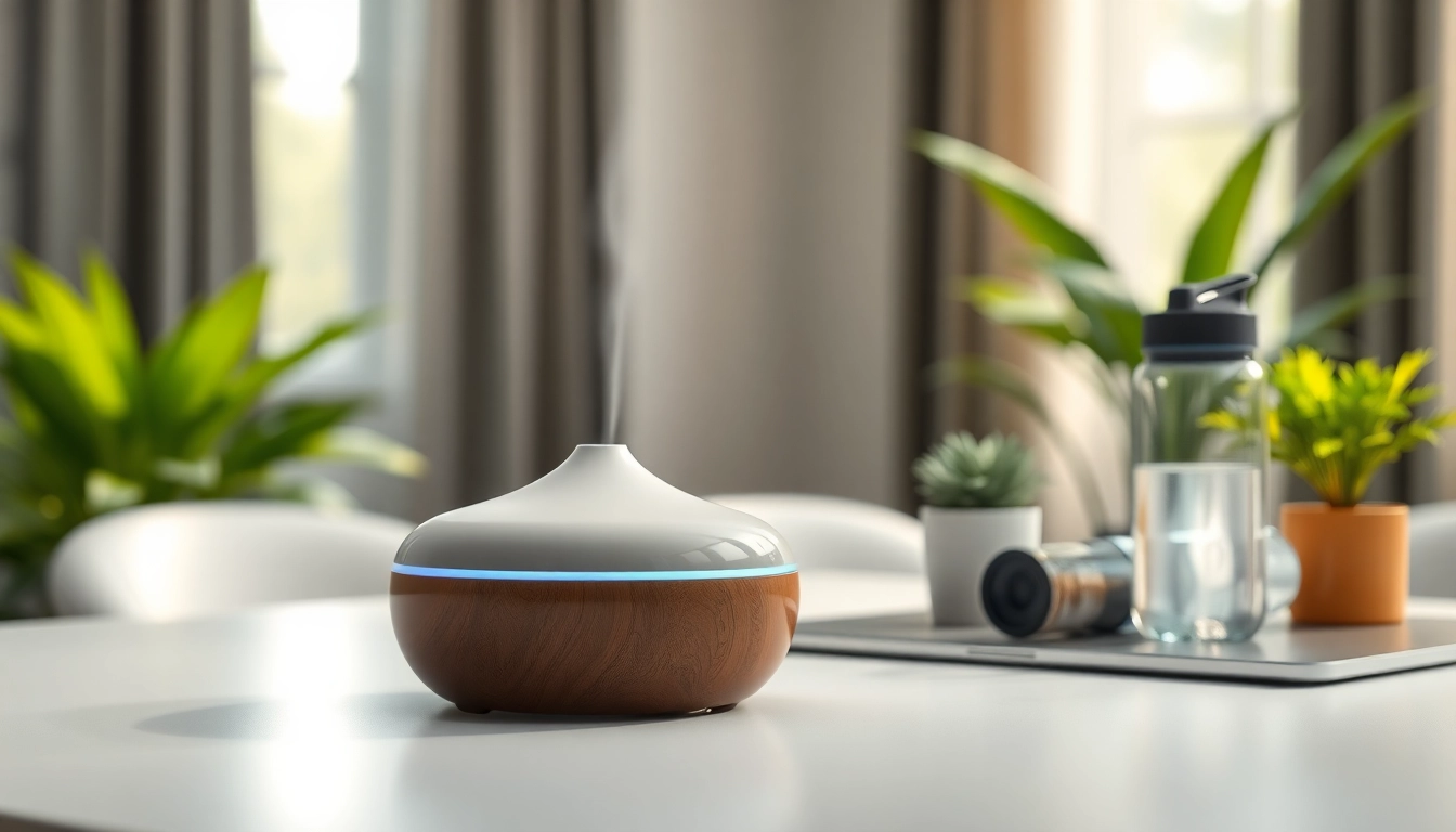 USB Air Humidifier Diffuser radiating a calming atmosphere on a modern desk.