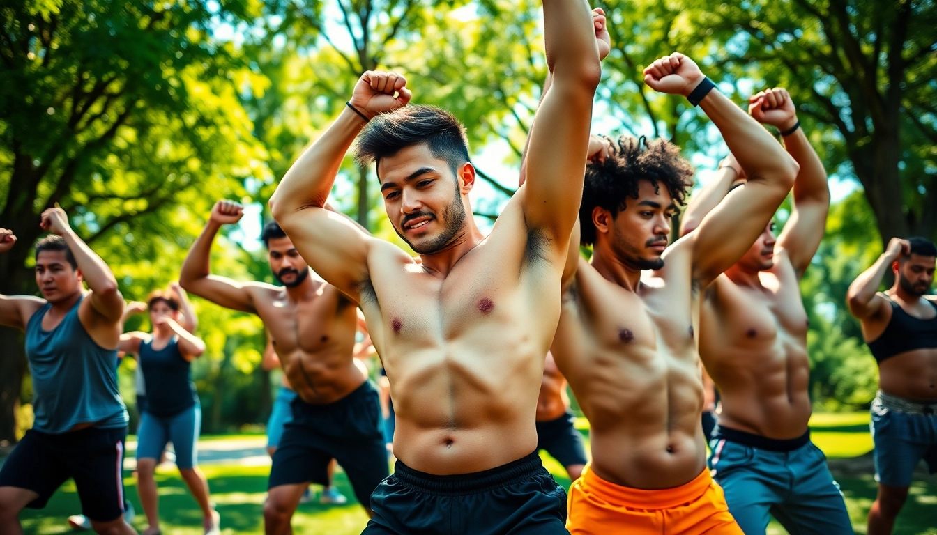 Oefeningen voor een sixpack in een levendig park met sportieve deelnemers.