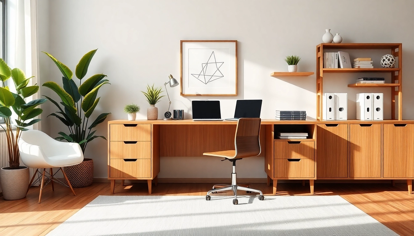 Schreibtisch Schrank mit integrierter Aufbewahrung in einem modernen Homeoffice-Setup gestalten