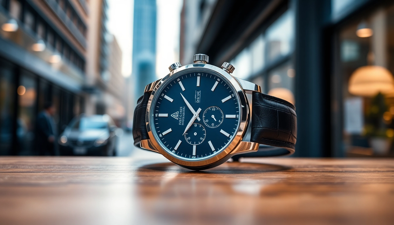 Elegante Herren Armbanduhren auf einem Holzuntergrund mit urbanem Hintergrund