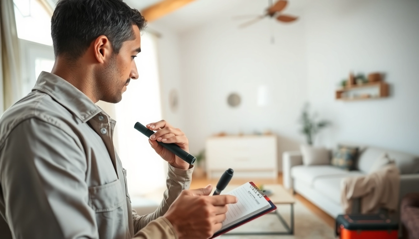 Pest control services technician conducting an inspection in a clean home environment.