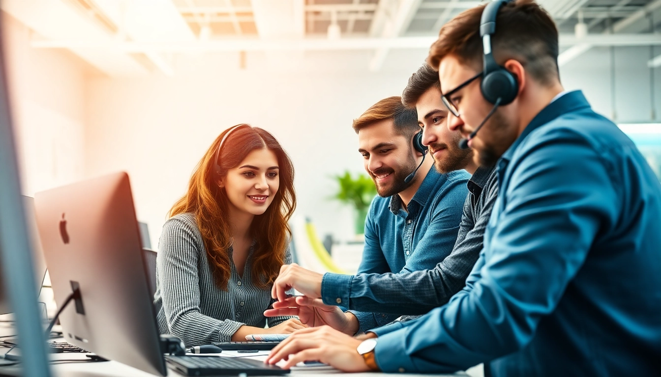 Engaging helpdesk support team collaborating effectively in an office.