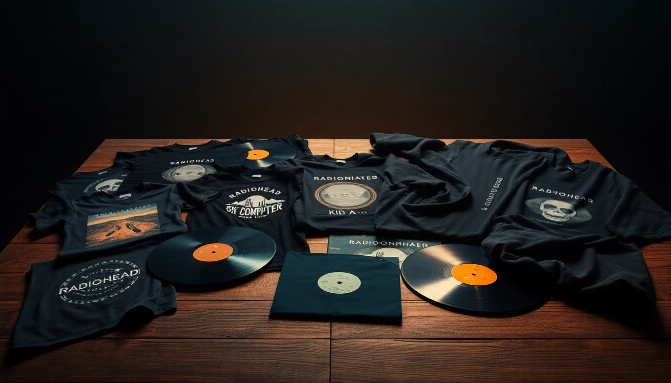 Showcase vibrant Radiohead merch including T-shirts and vinyl records creatively displayed.
