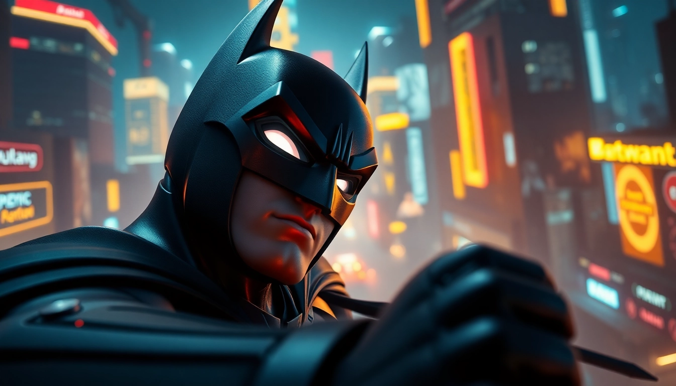 Menampilkan karakter game batman138 dalam aksi di lingkungan permainan yang futuristik.