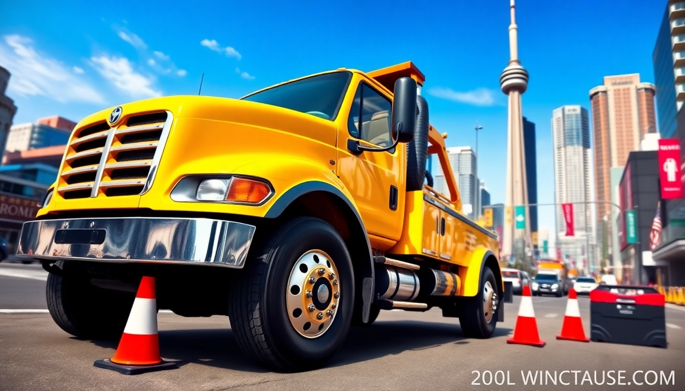 Tow Truck Service in Toronto with a bright yellow tow truck against an urban cityscape.