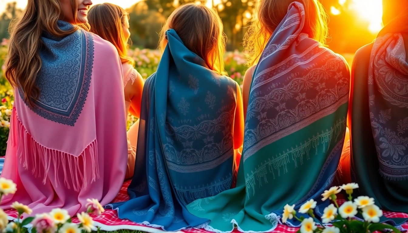 Showcase vibrant vela scarves worn by women in a warm outdoor setting.
