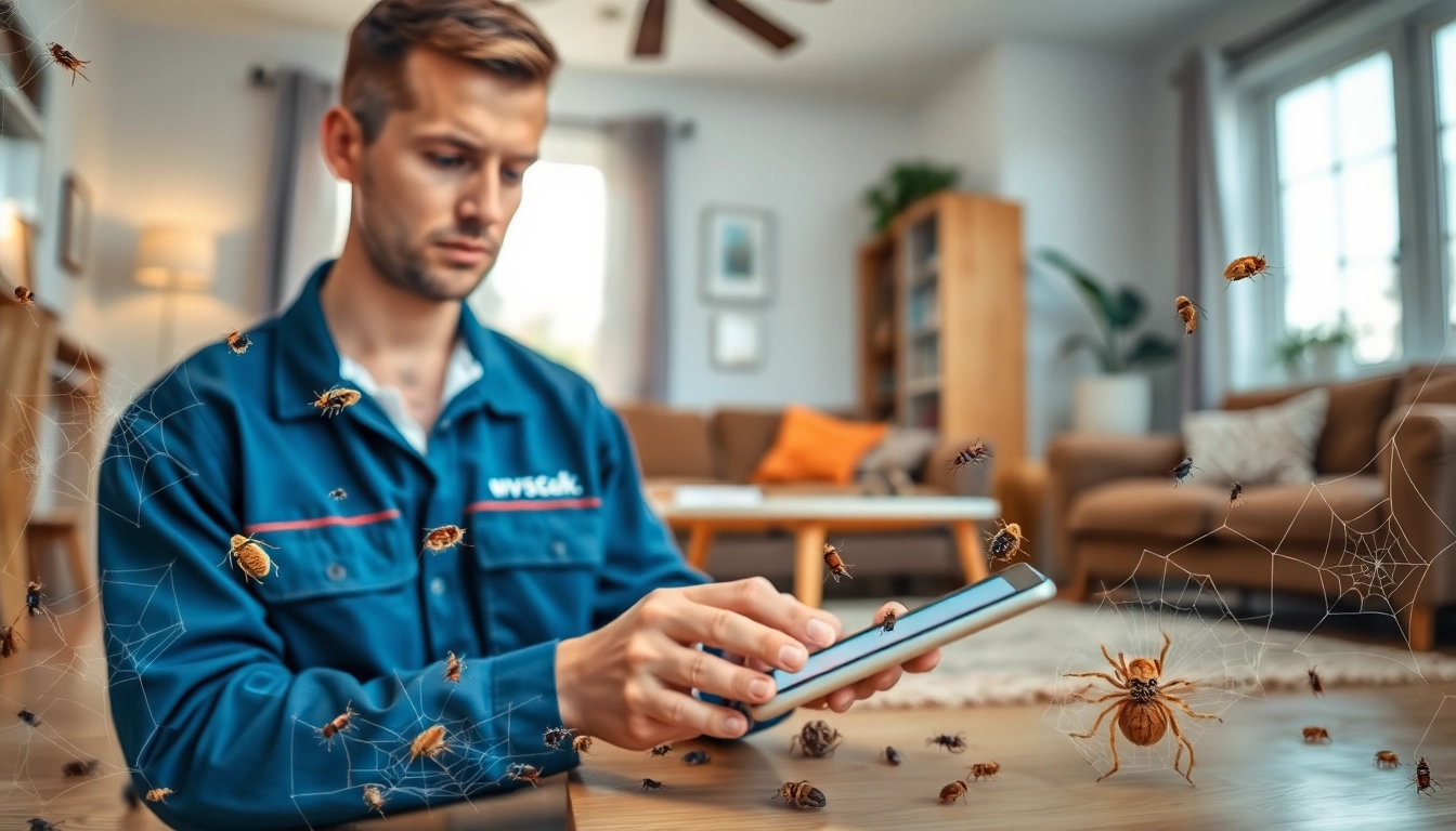 Technician providing pest control services in a clean home environment, highlighting safety and prevention.