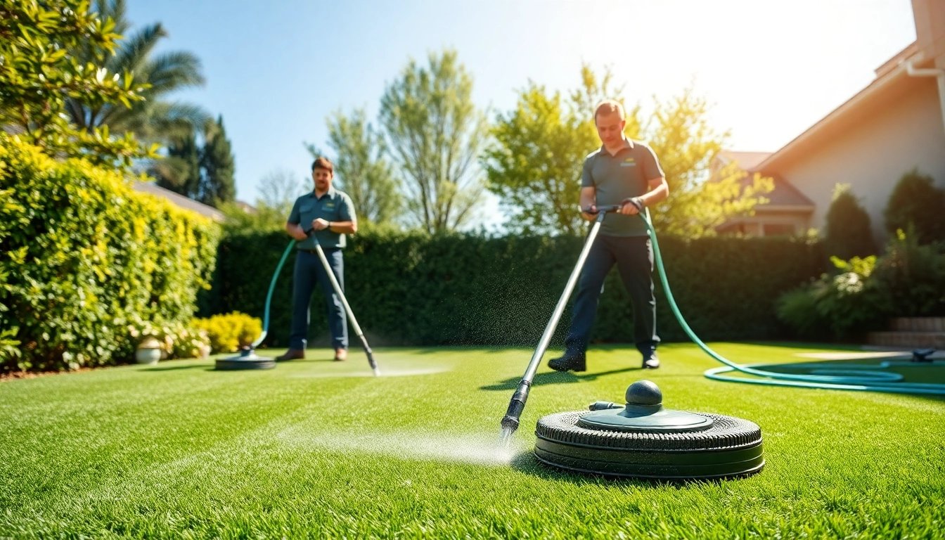 Enhancing artificial turf cleaning with professionals meticulously maintaining a backyard landscape.
