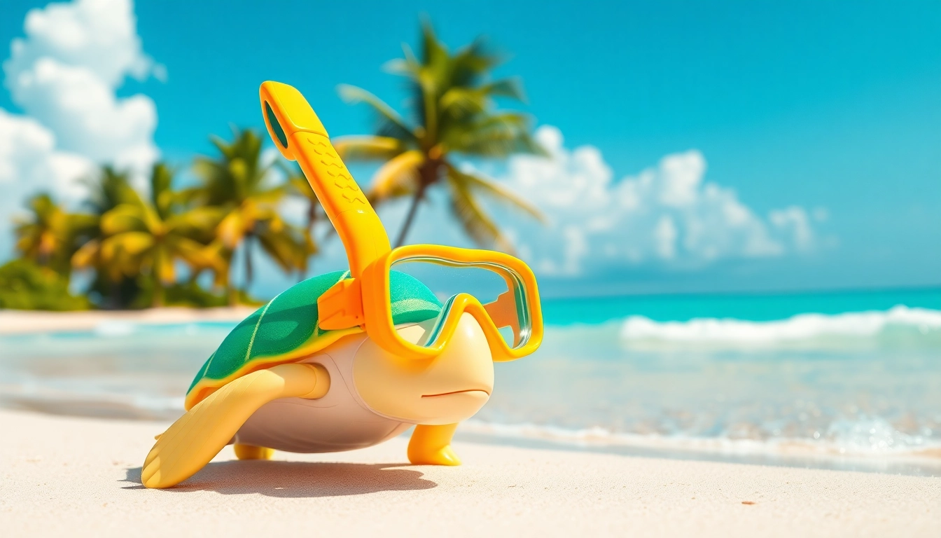 Enthusiastically featuring a turtle snorkel gear set against a sunny beach backdrop.