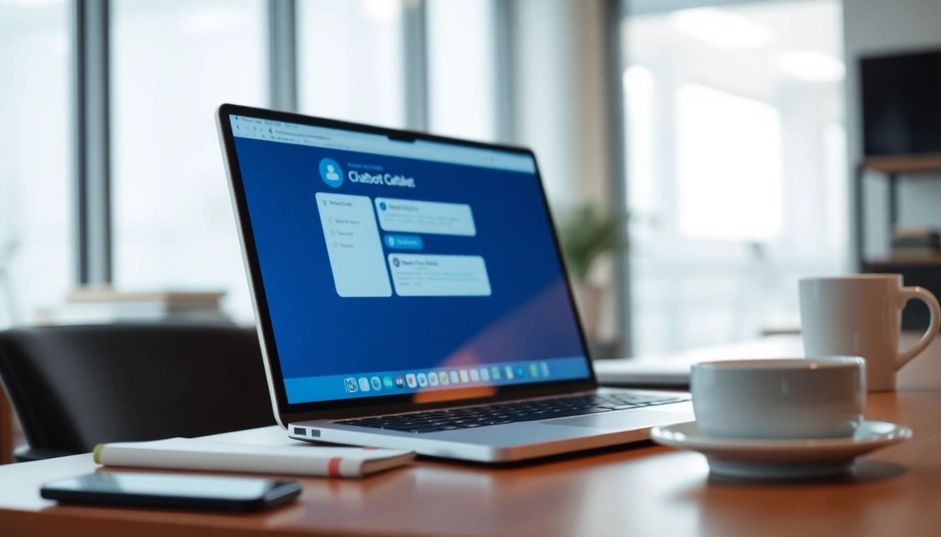 Engaging website chatbot displayed on a modern device in a workspace setting.