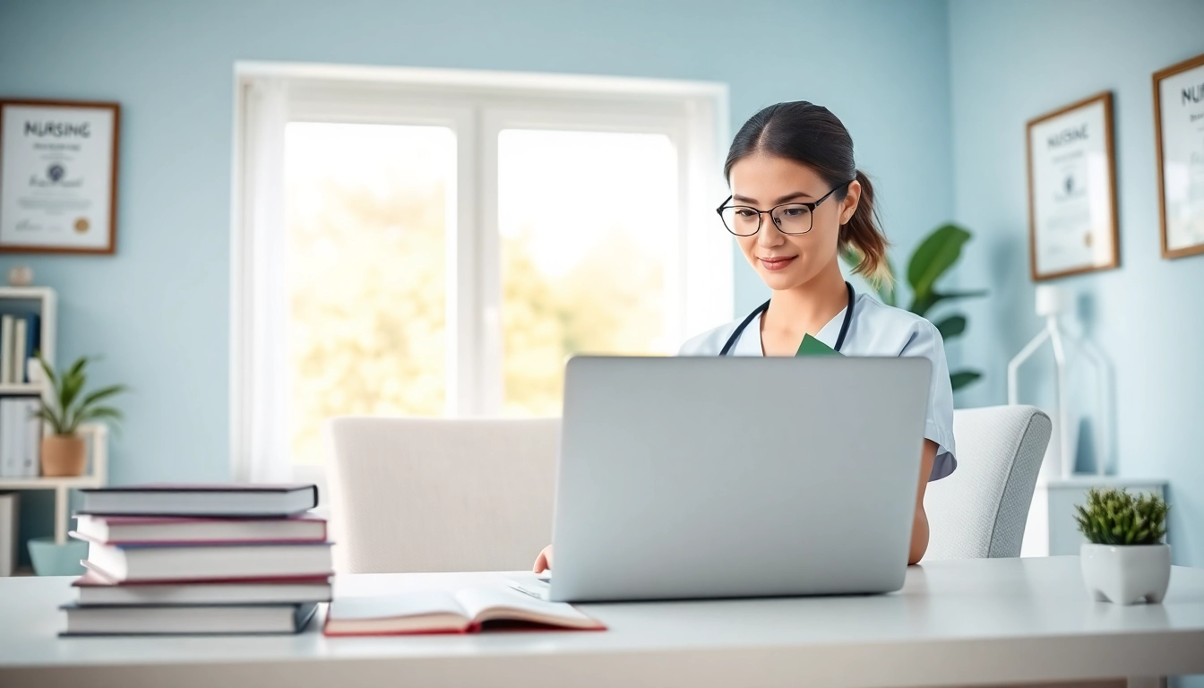 Nurse engaging in online study for rn ceus in a bright, modern home office setting.