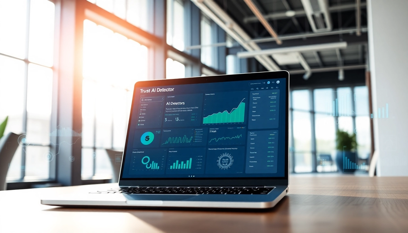 Analyze text with the AI detector tool on a laptop in a modern office