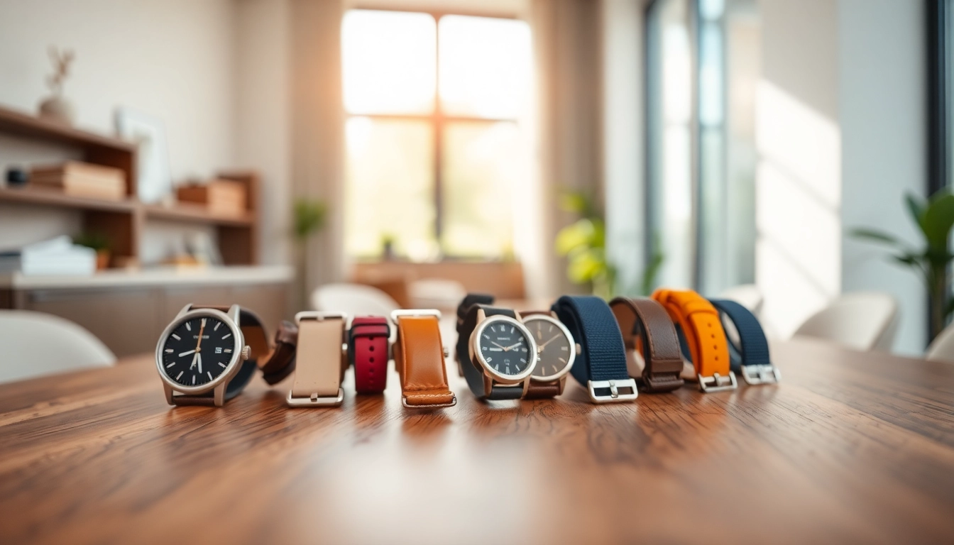 Showcase of stylish watch bands with vibrant colors and varied materials on a wooden table.