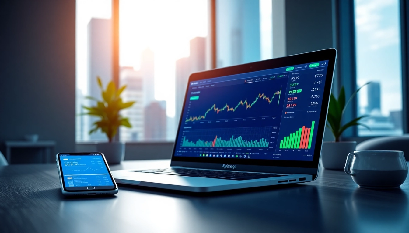 Visualize kyberswap trading interface on a laptop set in a modern office.