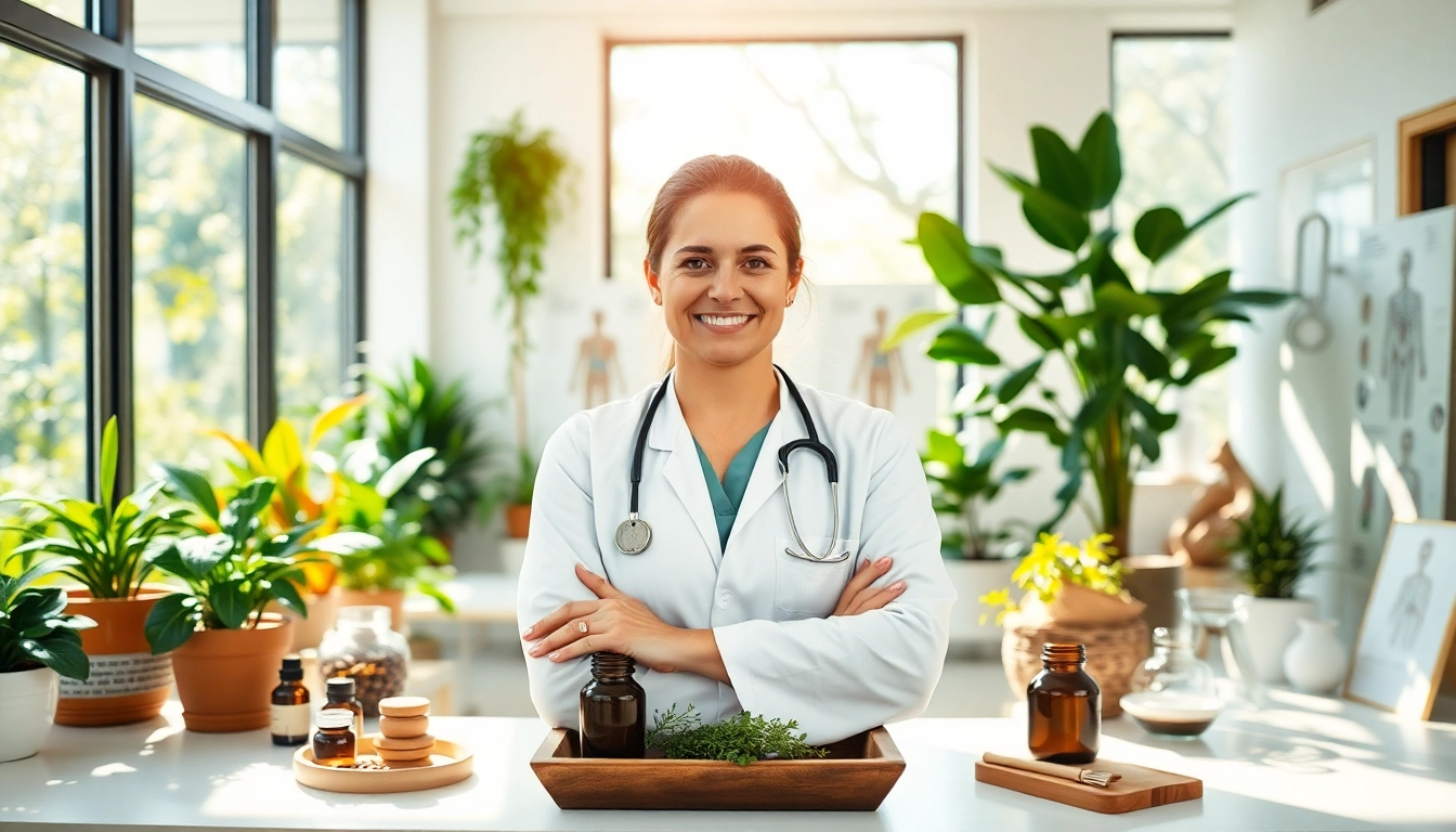 Naturheilkunde Behandlung in einer ruhigen Klinik mit Kräutern und Heilwerkzeugen.