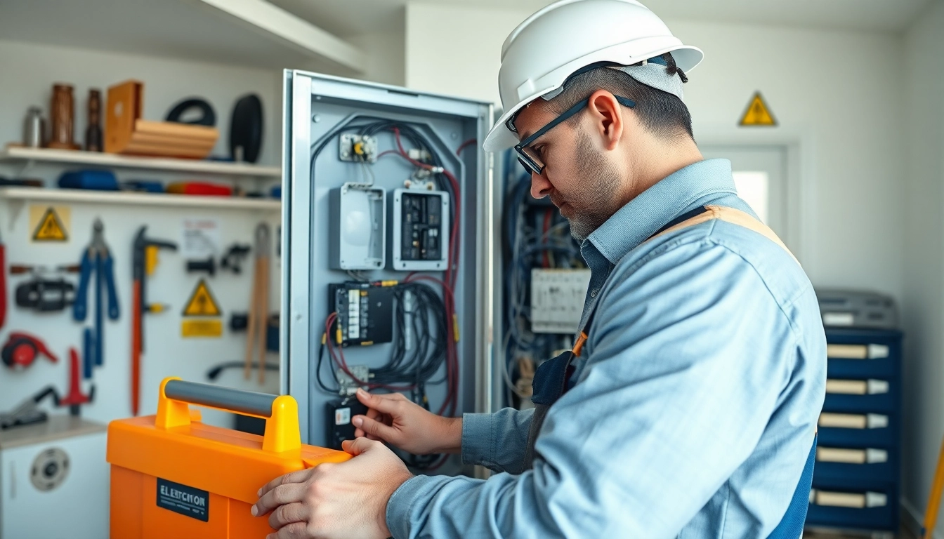 Electrician conducting an electrical panel upgrade in a well-organized home utility room.