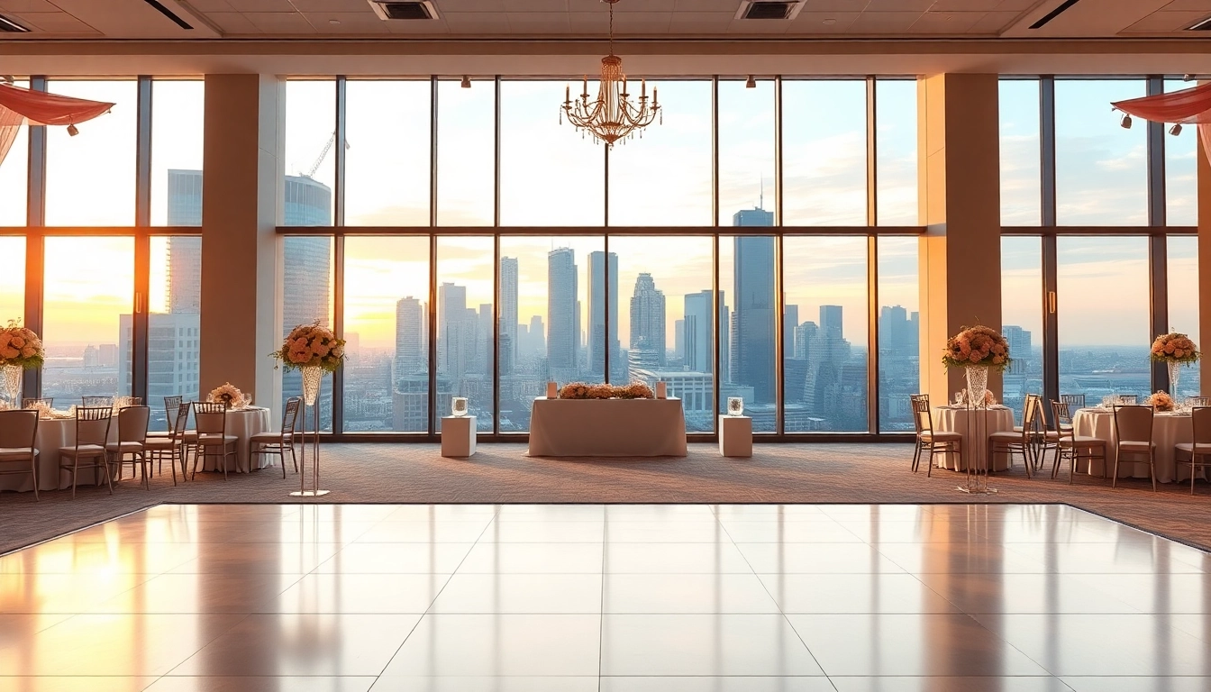 Showcase of a city venue event center with elegant wedding setup amidst a city backdrop.