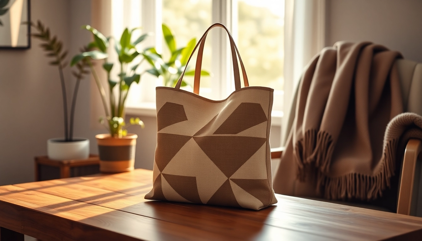 Elegant tote bag showcased on a wooden table with natural light illuminating its design.
