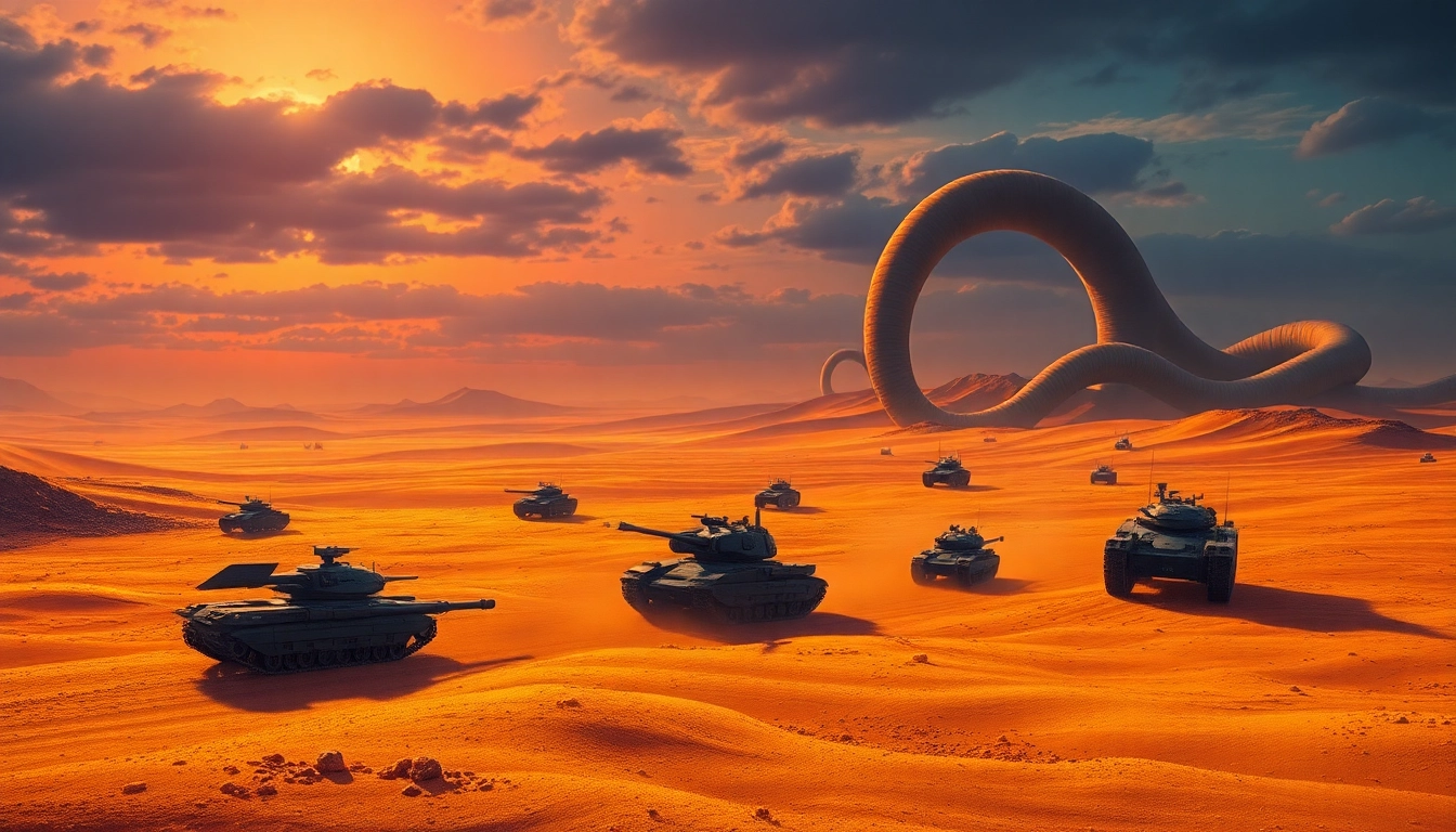 Experience the Dune 2 game through a breathtaking battle scene in a vast desert setting.