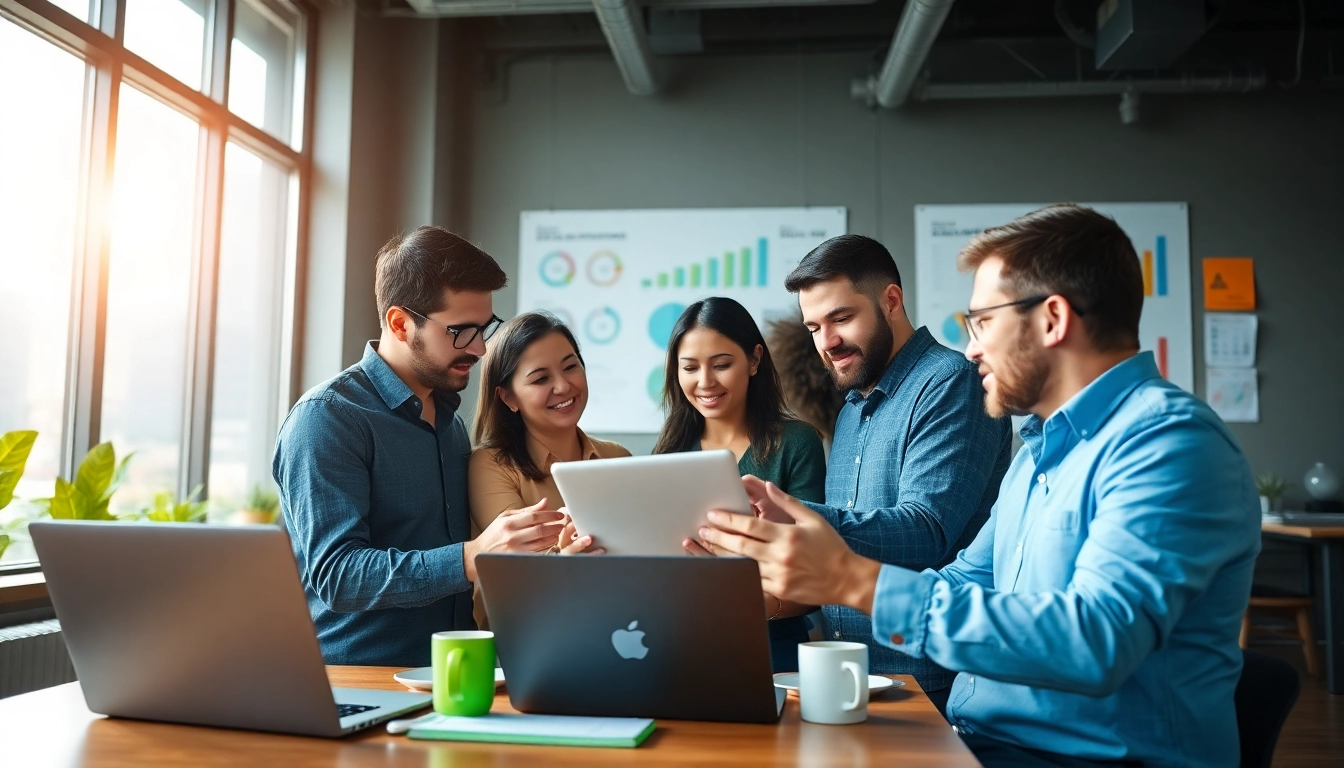 Collaborative team launching successful startup strategy with charts.