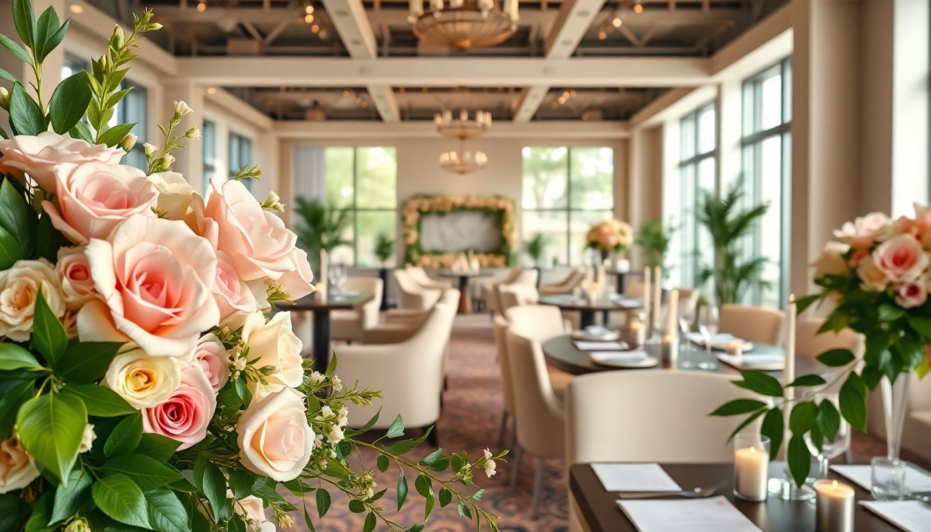 Set up for a special event in le lieu featuring elegant decor and floral arrangements.