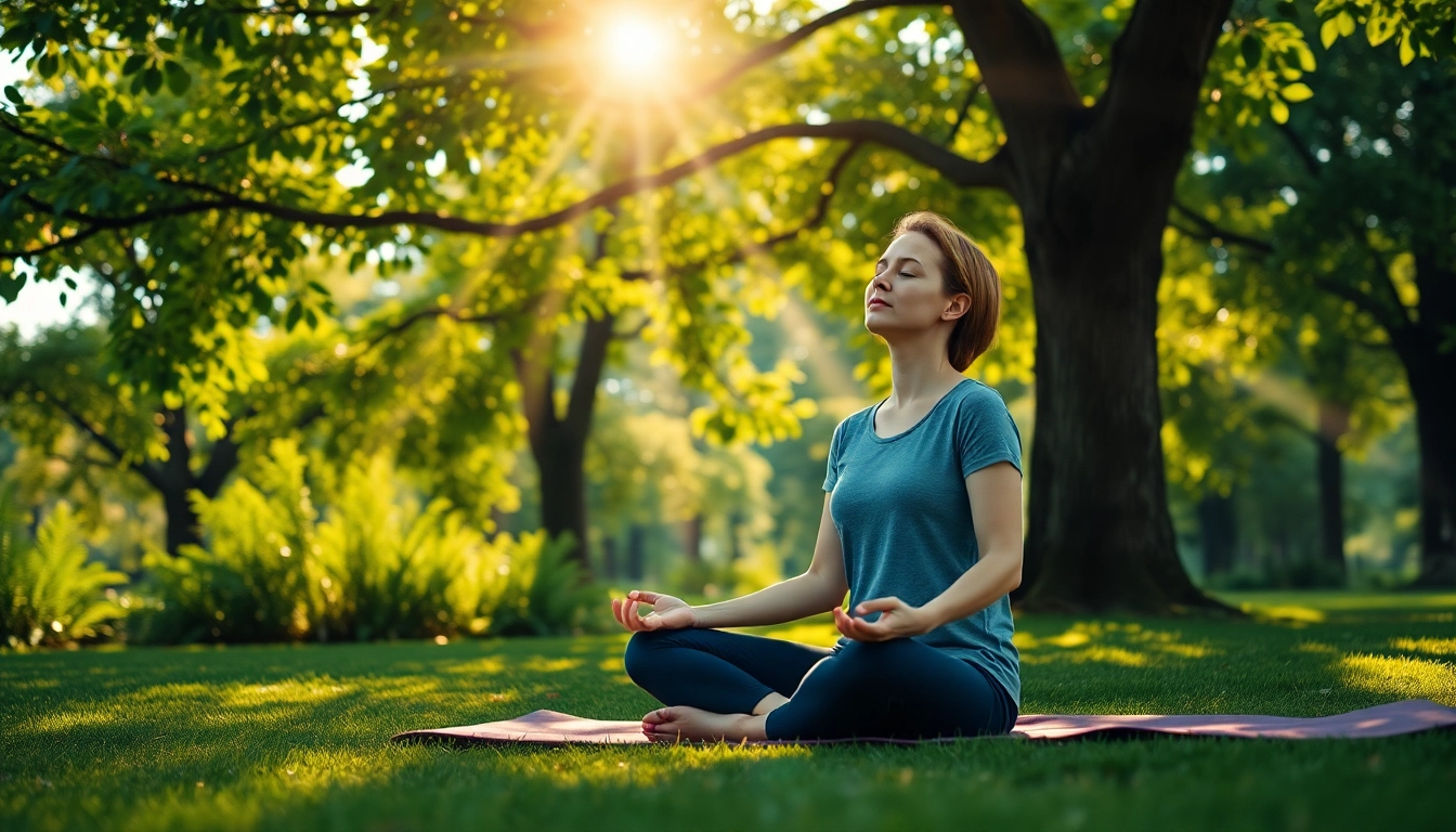 Practicing mindfulness for dealing with stress in a tranquil outdoor setting.