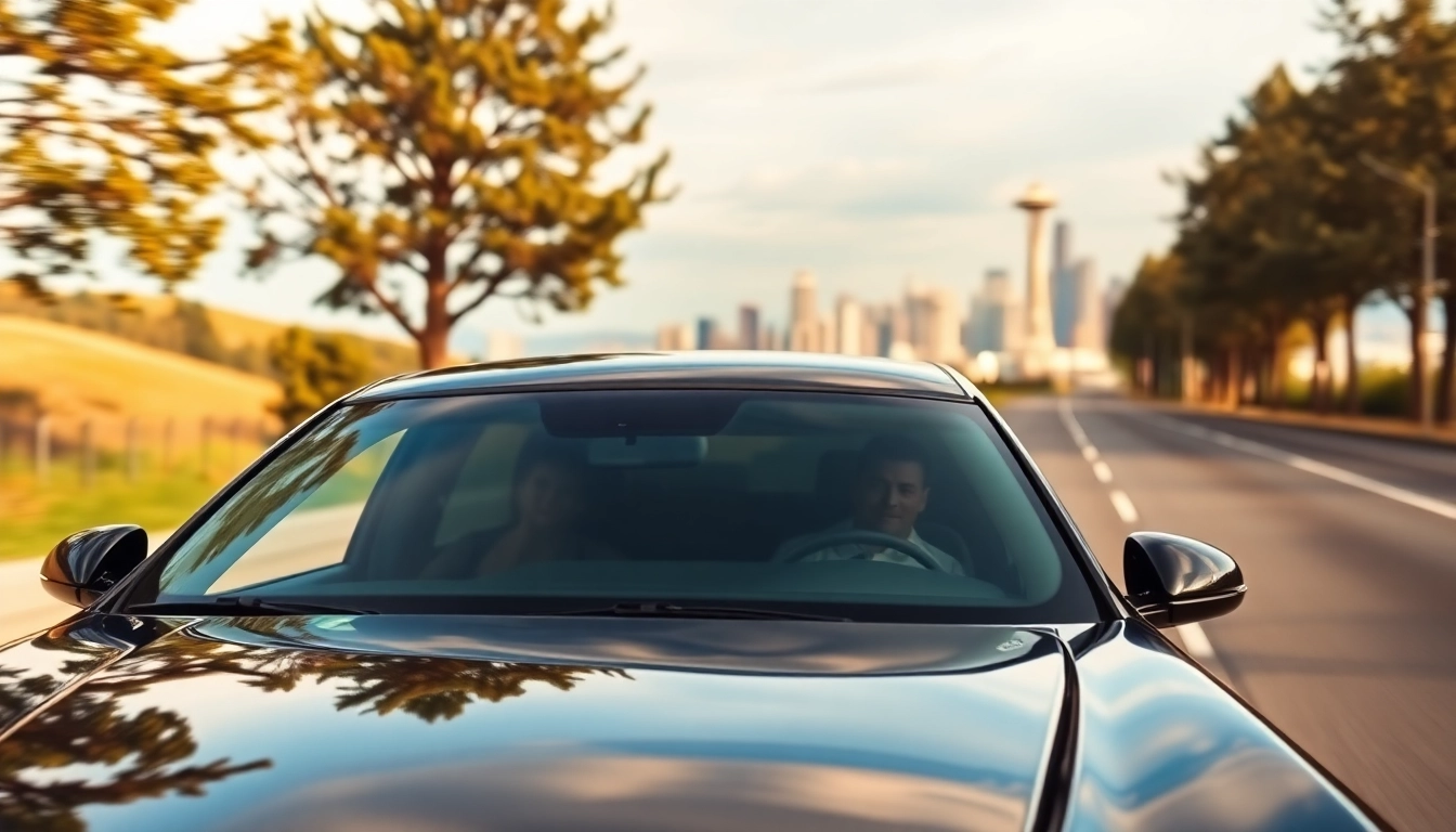 Traveling in luxury with a Car Service to Seattle from Vancouver featuring a black limousine and skyline backdrop.