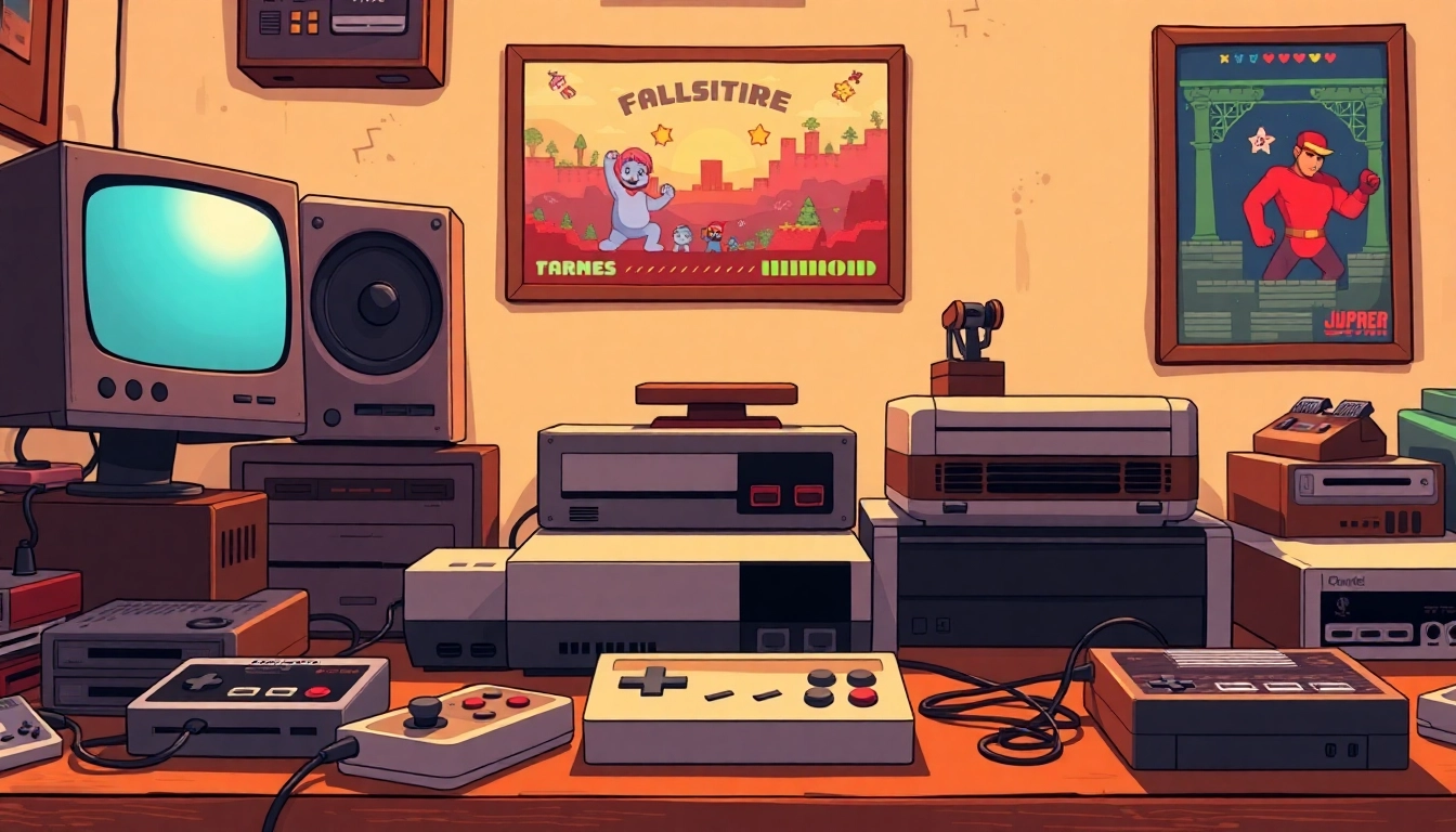 Play dos games online with vintage gaming consoles displayed on a wooden desk.