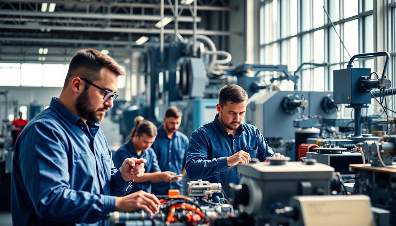 Manufacturers working collaboratively in a high-tech factory environment.