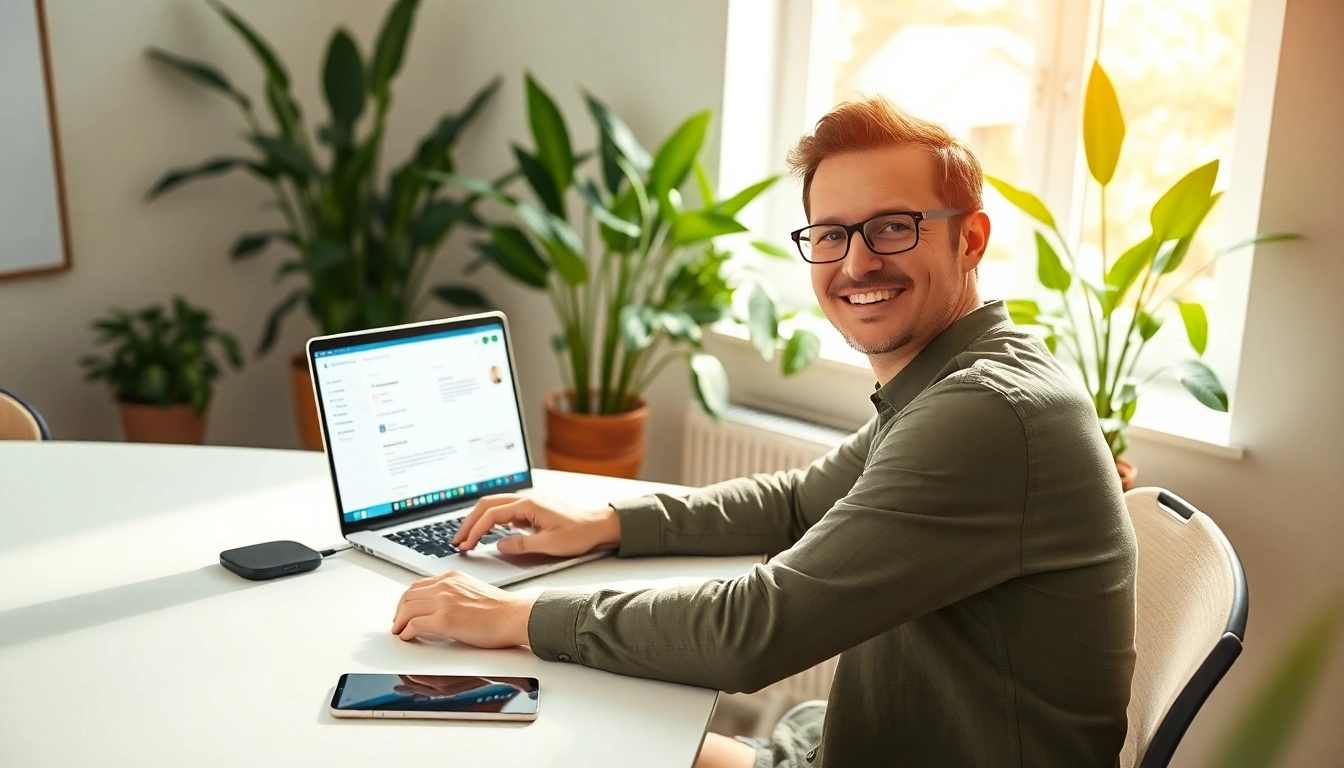 Automate Airbnb messages efficiently in a stylish, bright workspace with a relaxed host.
