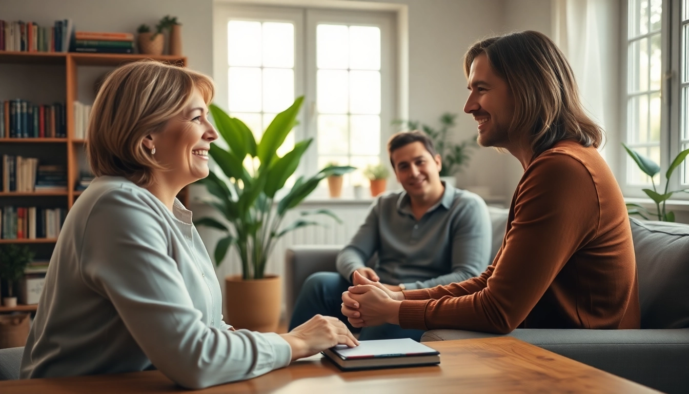 Engaged relationship coach guides a couple towards understanding and fulfillment during a counseling session.