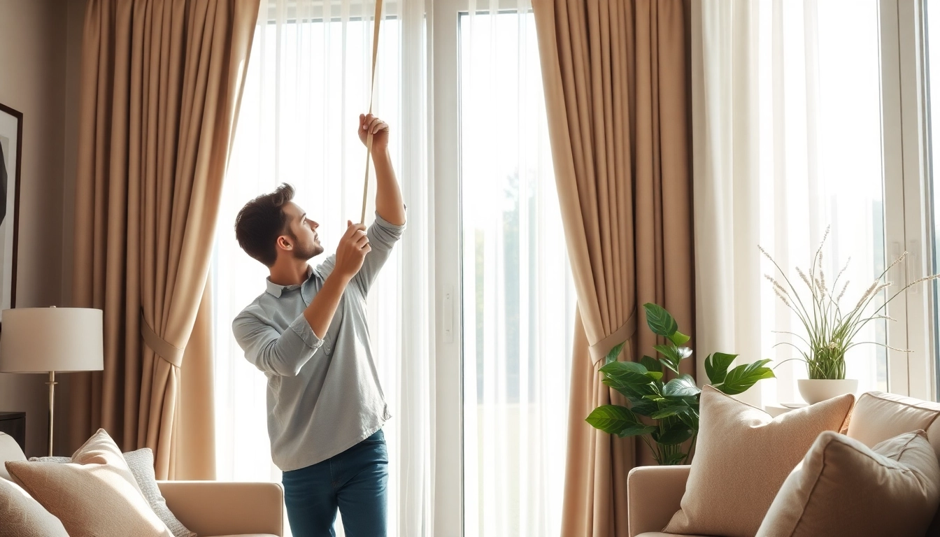 Skilled curtain fitters installing elegant drapery in a bright living room.