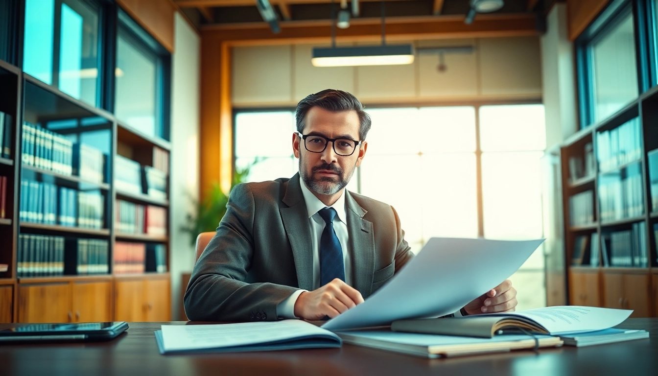Engaged intellectual property lawyer reviewing legal documents in a bright office setting.
