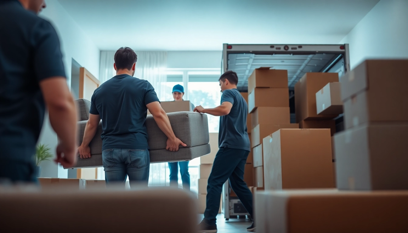 Movers Calgary team efficiently relocating furniture and boxes in a bright, professional environment.