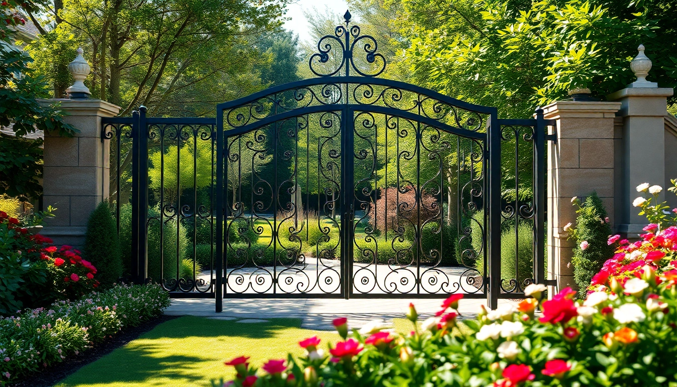 Showcasing custom steel gates with intricate designs in a vibrant garden setting.