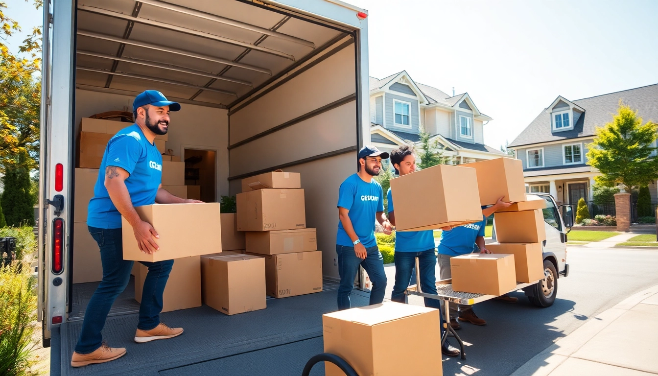 Movers in Toronto area efficiently packing a moving truck in a residential neighborhood.