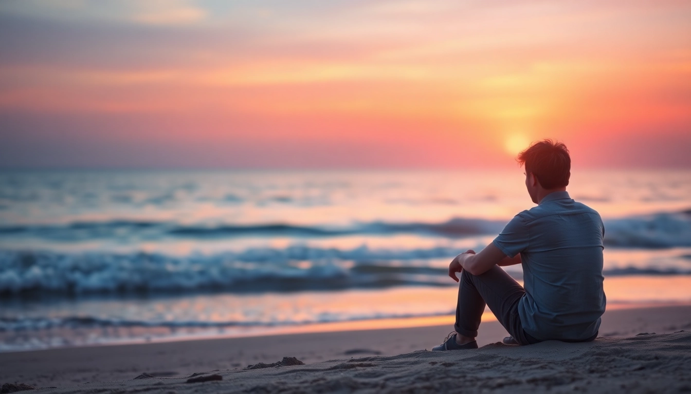 Person reflecting while dealing with grief on a peaceful beach at sunset.